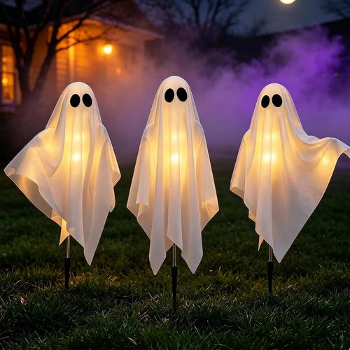 3-Pack & Solar Powered Ghost Halloween Decorations Outdoor, Auto On/Off