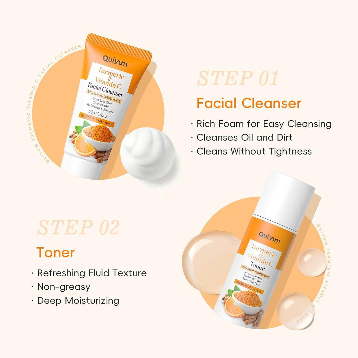 QUIYUM Turmeric Vitamin C Skin Care Set, 5PCS Beauty Routine for Women