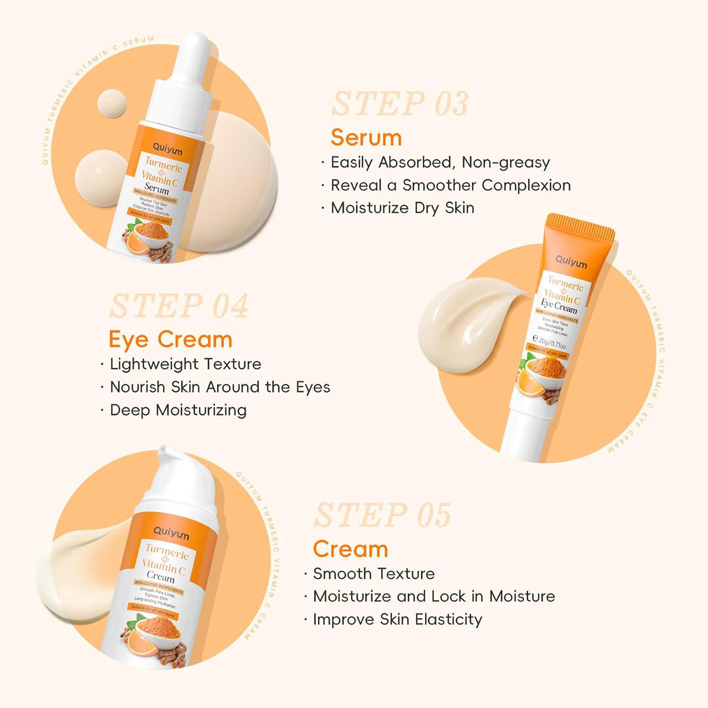 QUIYUM Turmeric Vitamin C Skin Care Set, 5PCS Beauty Routine for Women