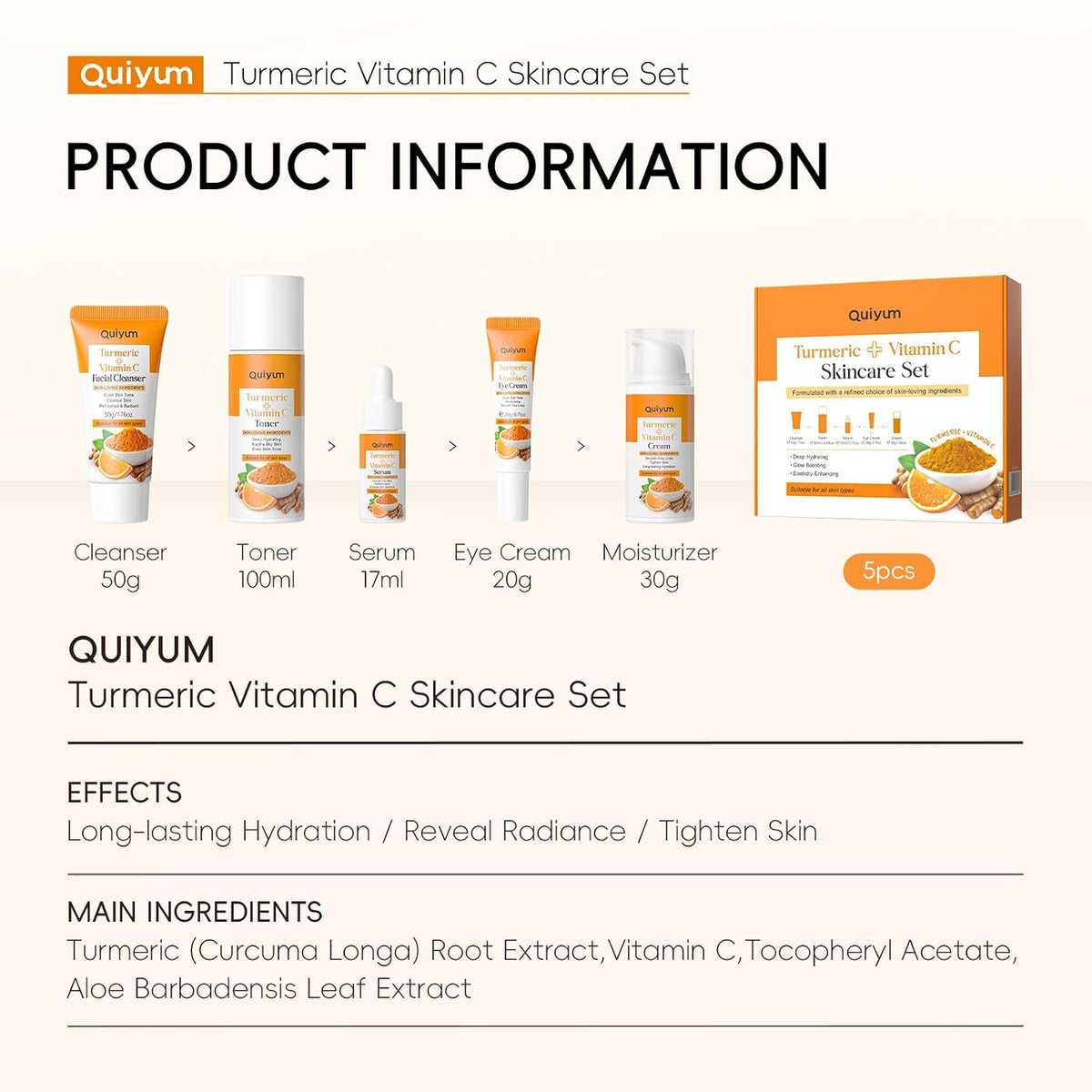 QUIYUM Turmeric Vitamin C Skin Care Set, 5PCS Beauty Routine for Women