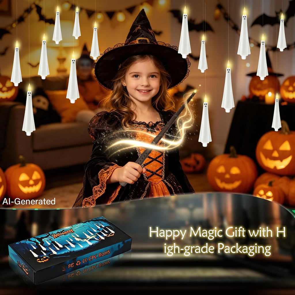 Ghost Flameless Floating Candles with Wand Remote, 20 Pcs Magic Flickering Battery Operated LED Hanging Taper Candles for Halloween Party Decoration(White)