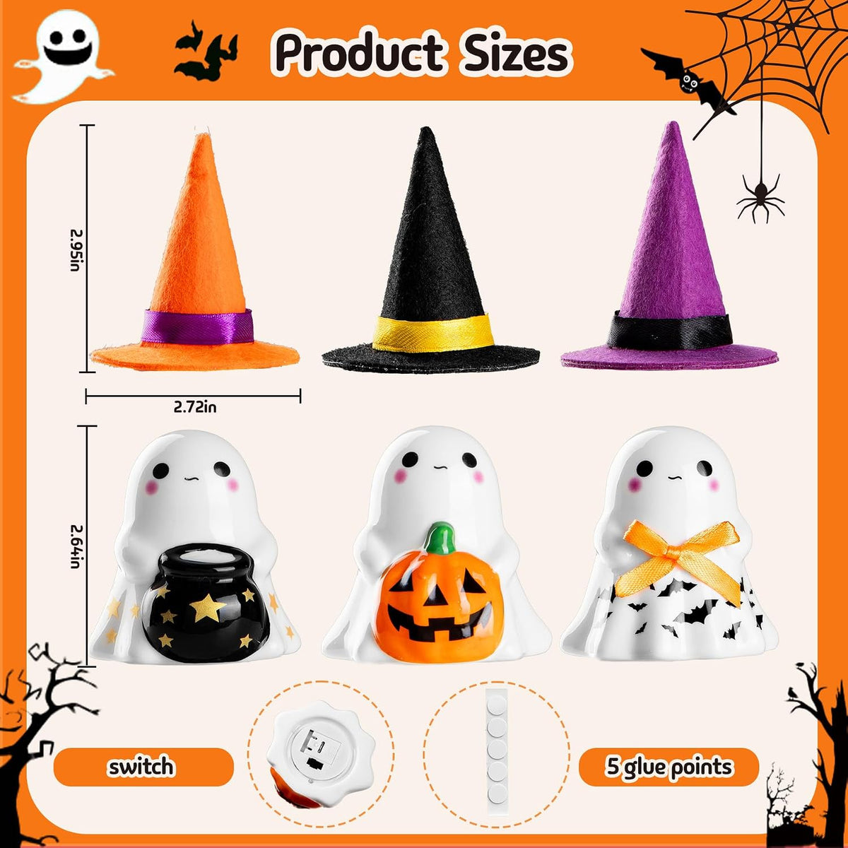 Halloween Decorations Indoor,3Pcs Cute Spooky Ceramic Ghost Halloween Decorations,Ghost Figurines with Hats - Adorable Tabletop Decor for Mantel,Party, Home, Porch Decor