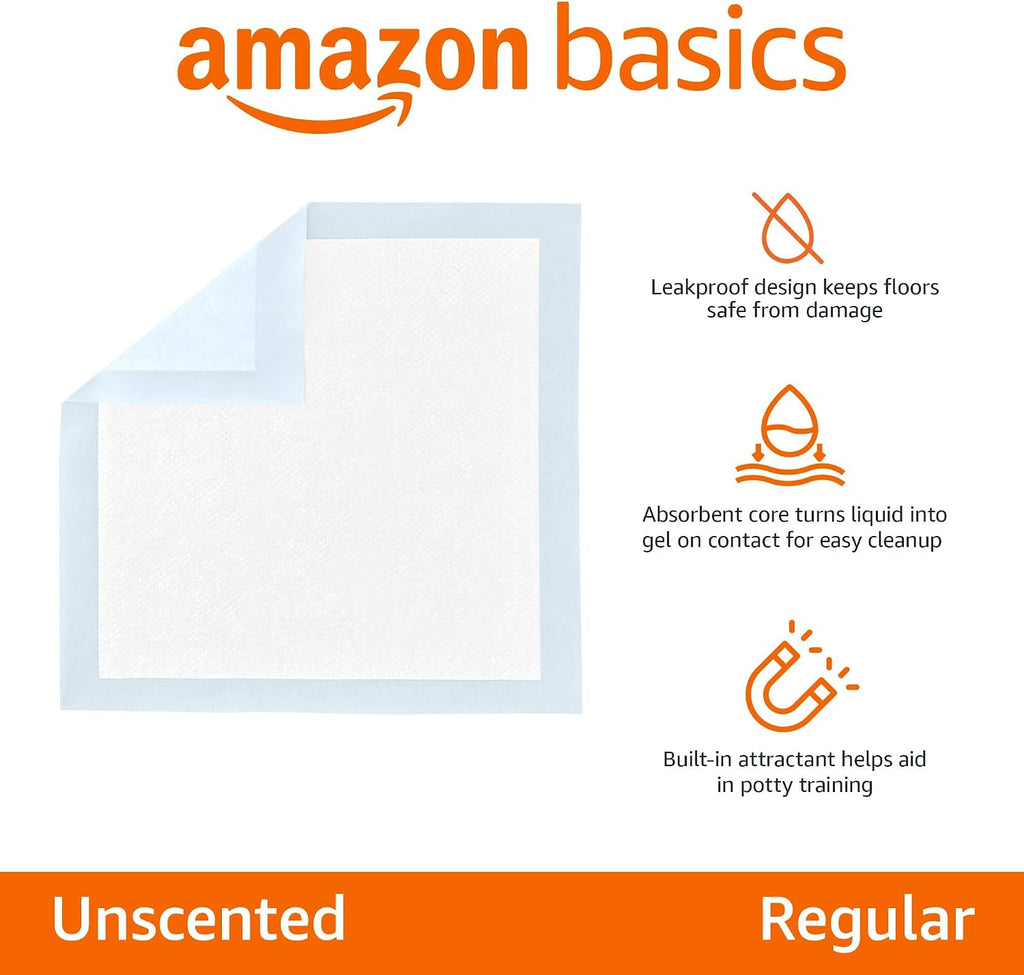 Amazon Basics Leak-Proof Dog and Puppy Potty Training Pee Pads with Quick-Dry 5-Layer Super Absorbent Design, Regular Size 22 x 22 inch, Blue & White, 100 Count