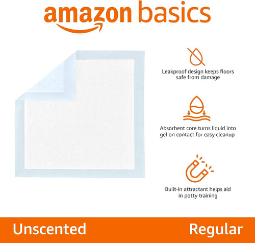 Amazon Basics Leak-Proof Dog and Puppy Potty Training Pee Pads with Quick-Dry 5-Layer Super Absorbent Design, Regular Size 22 x 22 inch, Blue & White, 100 Count