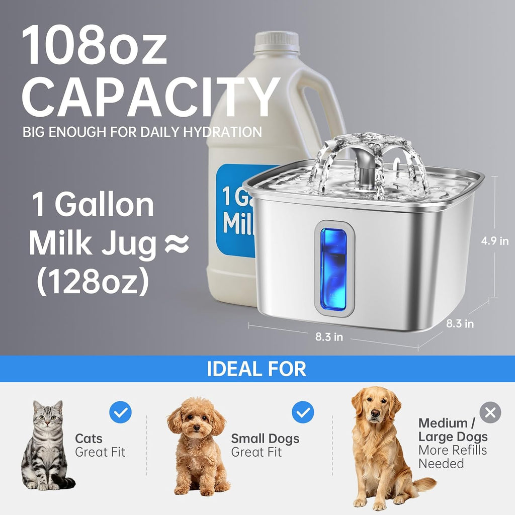 Veken Innovation Award Winner Stainless Steel Cat Water Fountain, 108oz, C1
