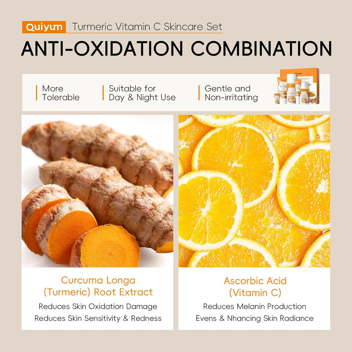 QUIYUM Turmeric Vitamin C Skin Care Set, 5PCS Beauty Routine for Women