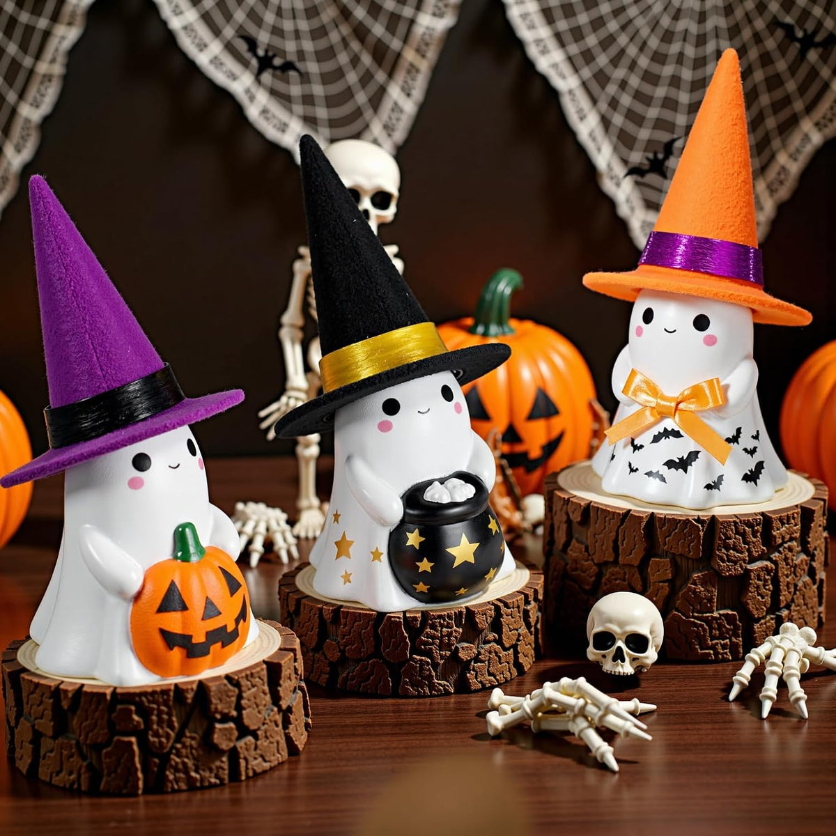 Halloween Decorations Indoor,3Pcs Cute Spooky Ceramic Ghost Halloween Decorations,Ghost Figurines with Hats - Adorable Tabletop Decor for Mantel,Party, Home, Porch Decor