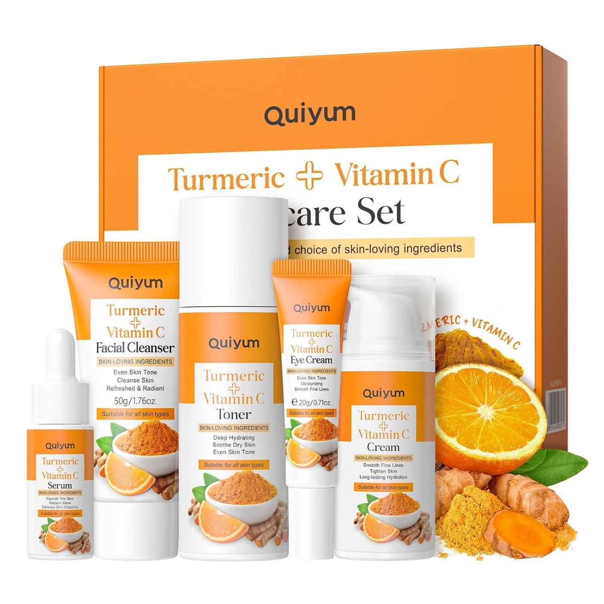 QUIYUM Turmeric Vitamin C Skin Care Set, 5PCS Beauty Routine for Women