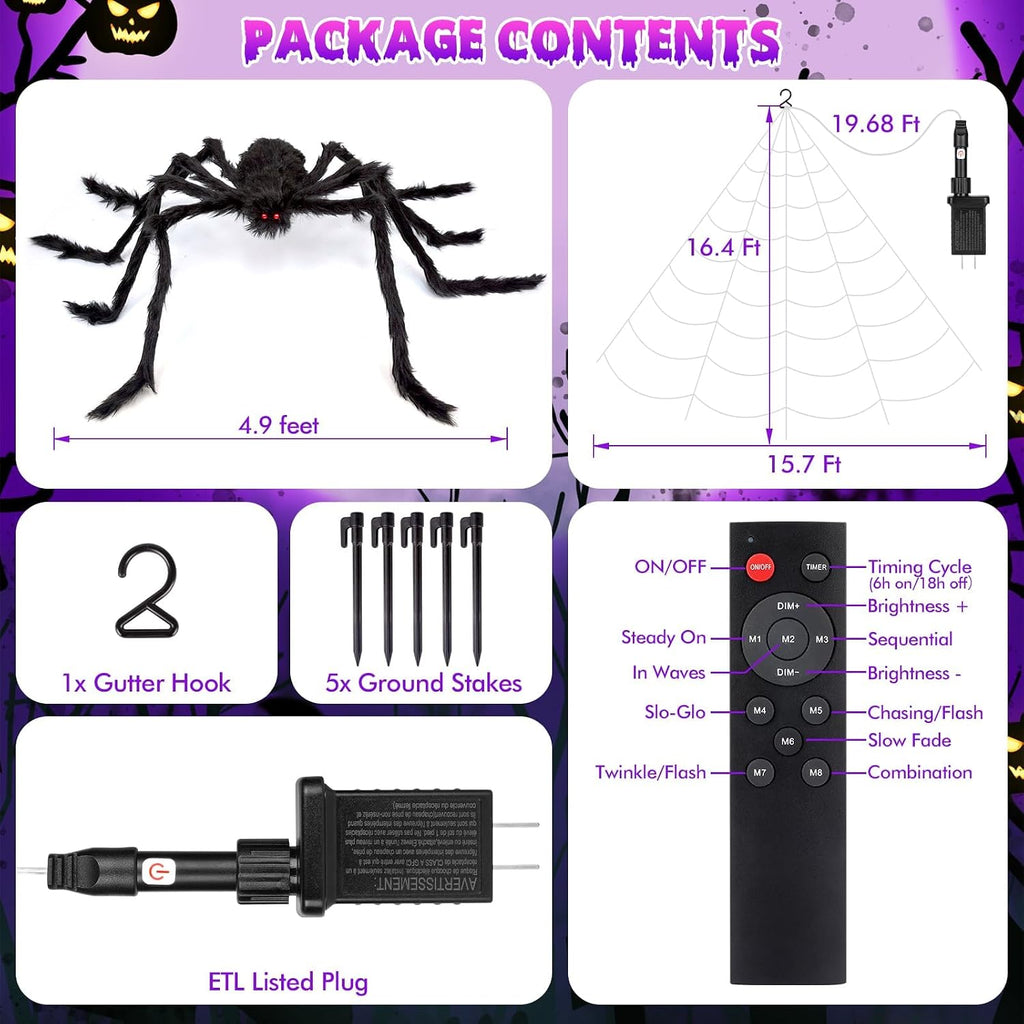 Halloween Decorations Spider Web Lights Outdoor +59" Fake Spider