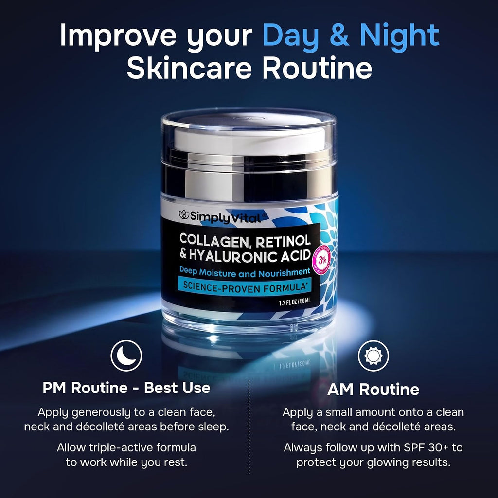 SimplyVital Face Moisturizer Retinol Collagen Hyaluronic Acid Cream 1.7 oz