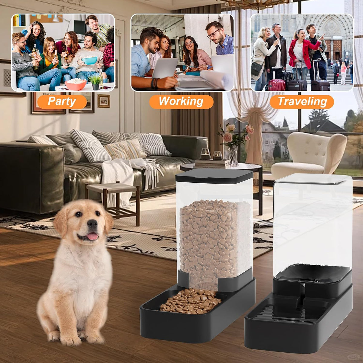 Automatic Cat Feeder and Water Dispenser in Set with Pet Food Bowl,Gravity Dog Waterer and Food Feeder for Small Medium Dog Cat Puppy Kitten Large Capacity(3.3L,Black)
