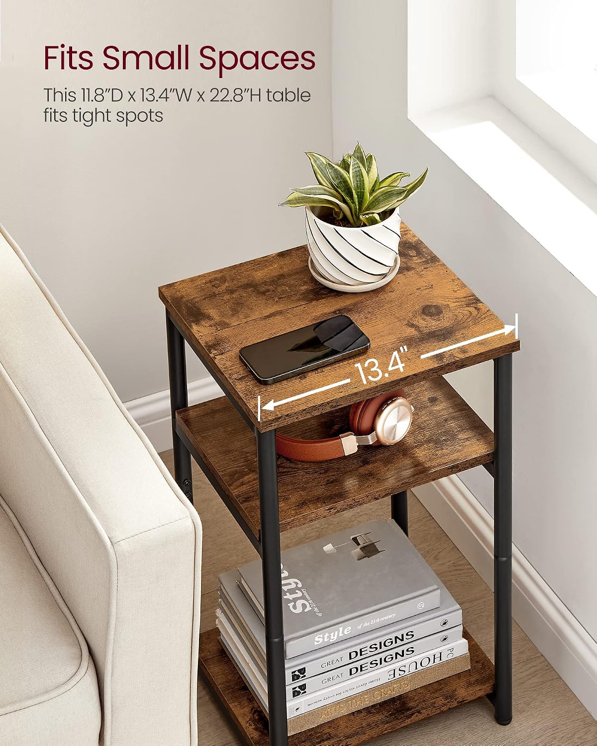 Versstile Side Table, Small End Table, Tall Nightstand, Steel Frame