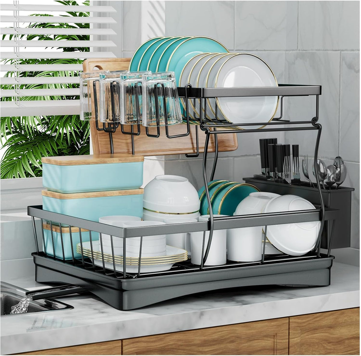 7 code 2-Tier Large Dish Drying Rack for Kitchen Counter, Black