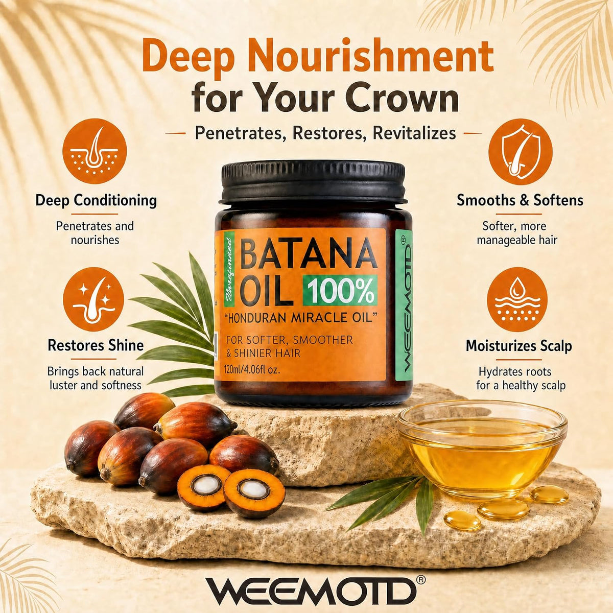 100% Raw Batana Oil for Hair from Honduras, 4.06 Fl Oz, Bright Coffee