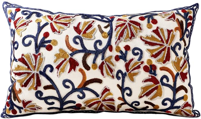 Embroidered Throw Pillow Cover, 20x12 Inch, Strawberry Leaves