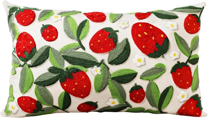 Embroidered Throw Pillow Cover, 20x12 Inch, Strawberry Leaves