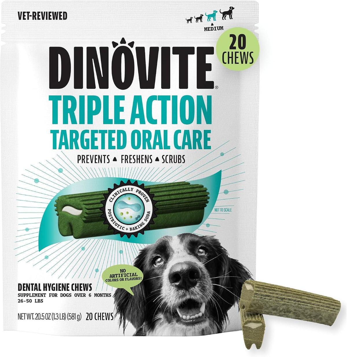 Dinovite Daily Dental Chews for Medium Dogs, Freshens Breath, Mint, 20 CT