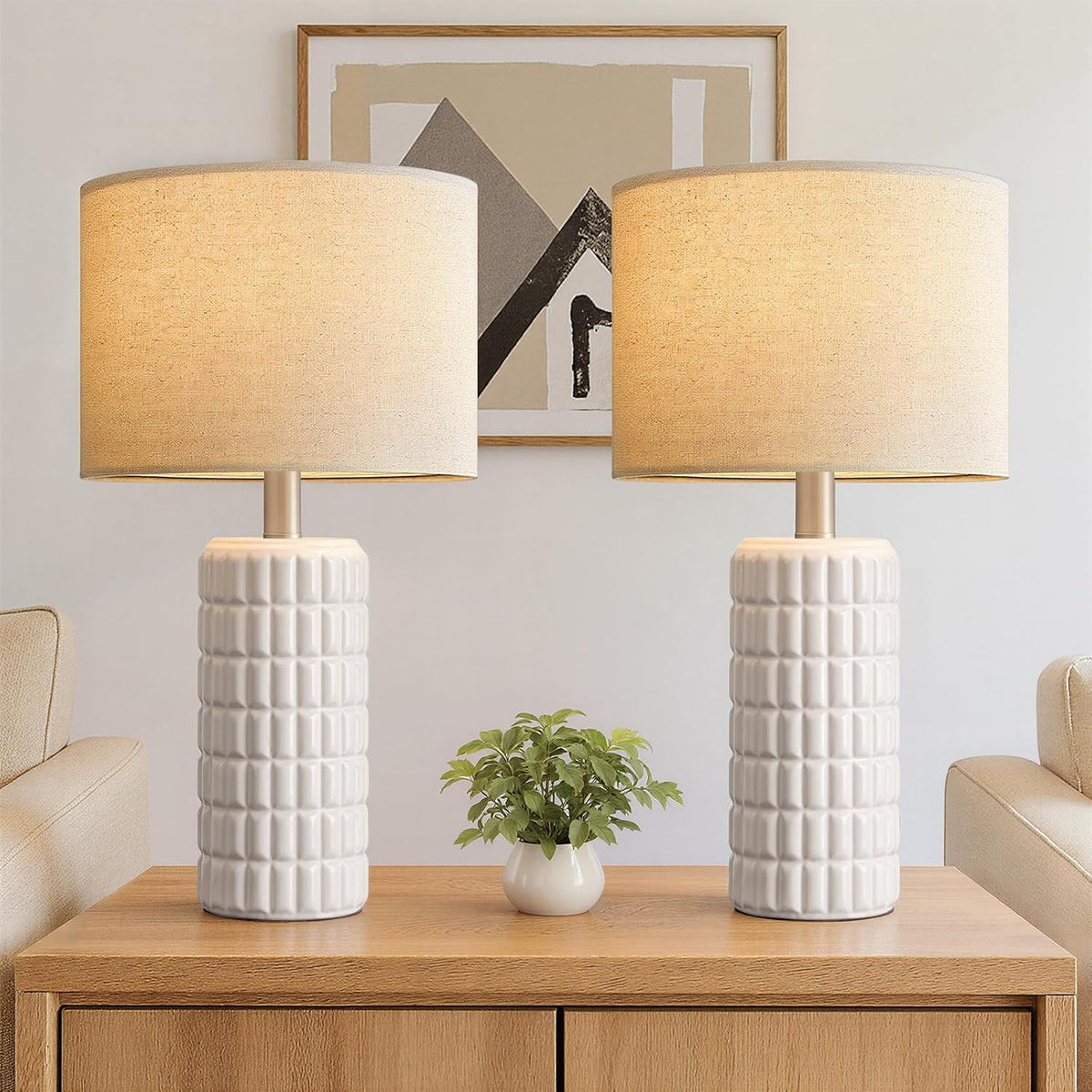 Seealle 23" Modern Ceramic Table Lamps Set of 2, Lamps for Bedroom, White