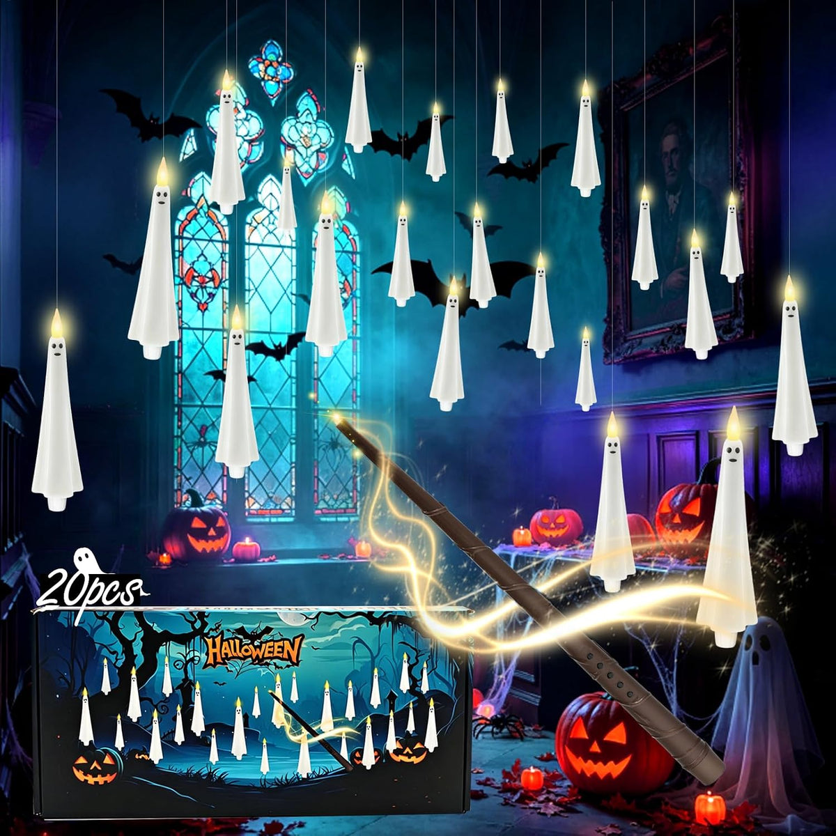 Ghost Flameless Floating Candles with Wand Remote, 20 Pcs Magic Flickering Battery Operated LED Hanging Taper Candles for Halloween Party Decoration(White)
