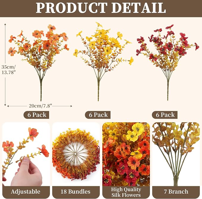 Luxury 18 PCS Artificial Mums for Outdoors Faux Mums of Eucalyptus Leaves