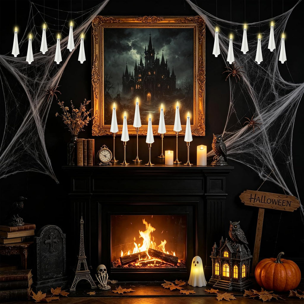Ghost Flameless Floating Candles with Wand Remote, 20 Pcs Magic Flickering Battery Operated LED Hanging Taper Candles for Halloween Party Decoration(White)