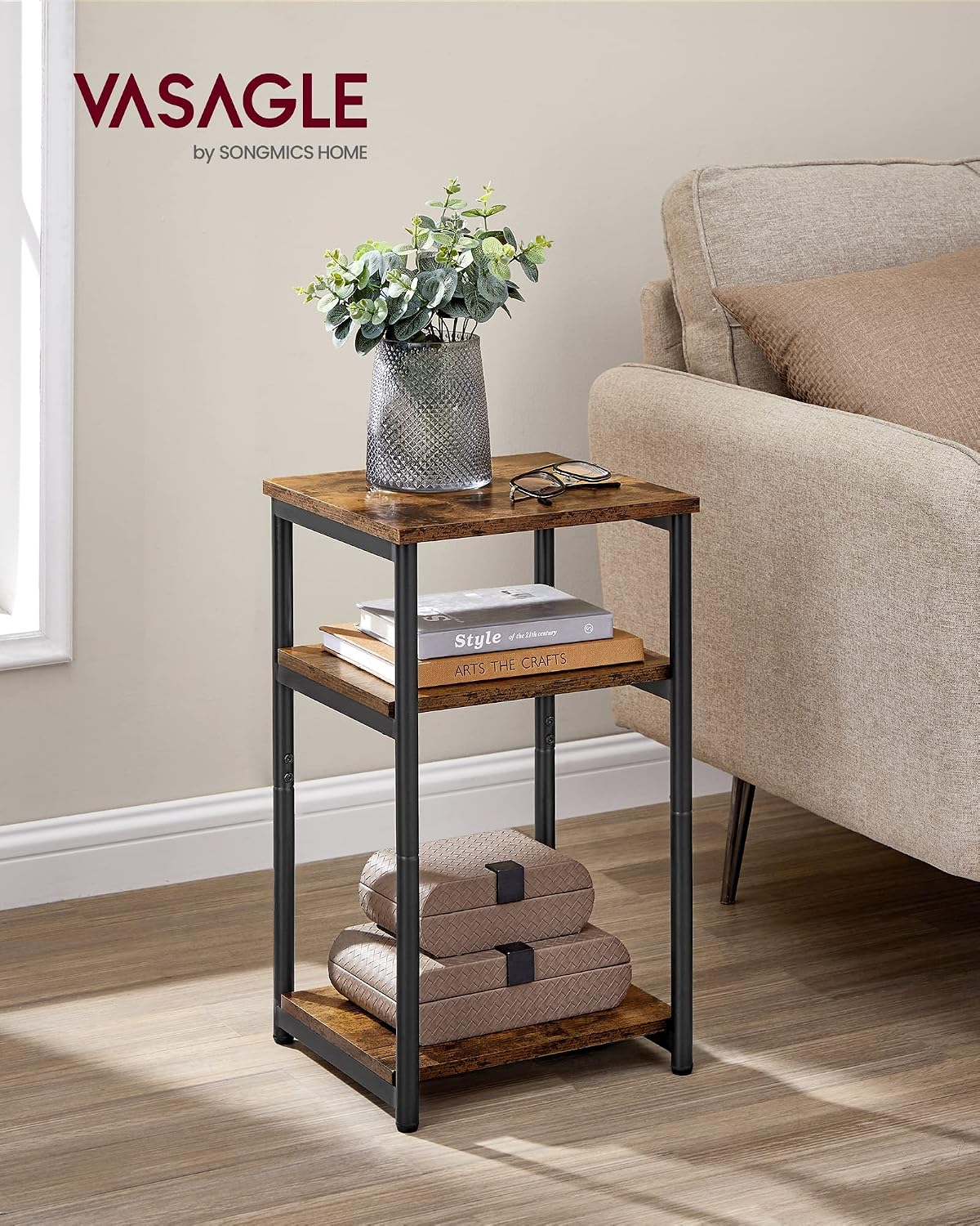 Versstile Side Table, Small End Table, Tall Nightstand, Steel Frame
