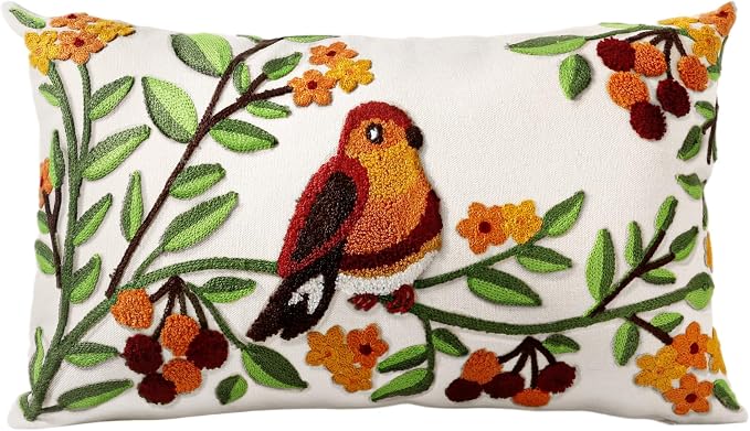 Embroidered Throw Pillow Cover, 20x12 Inch, Strawberry Leaves