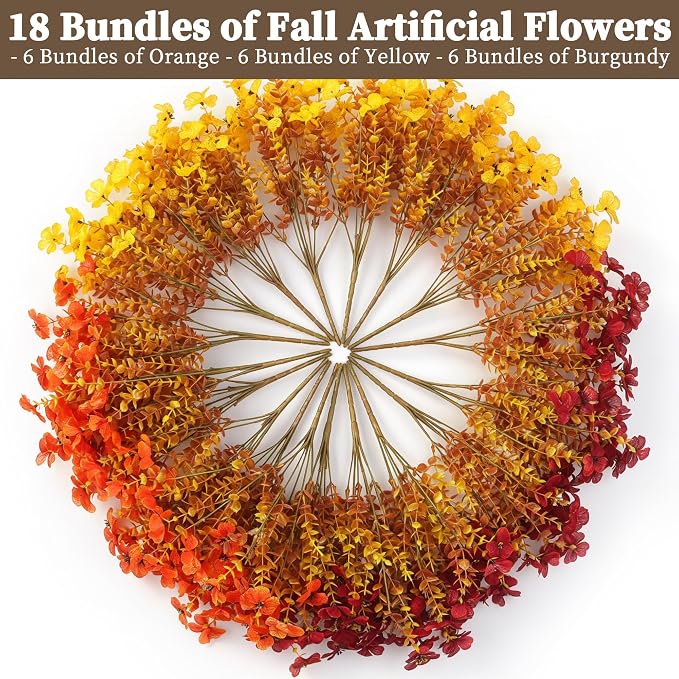 Luxury 18 PCS Artificial Mums for Outdoors Faux Mums of Eucalyptus Leaves