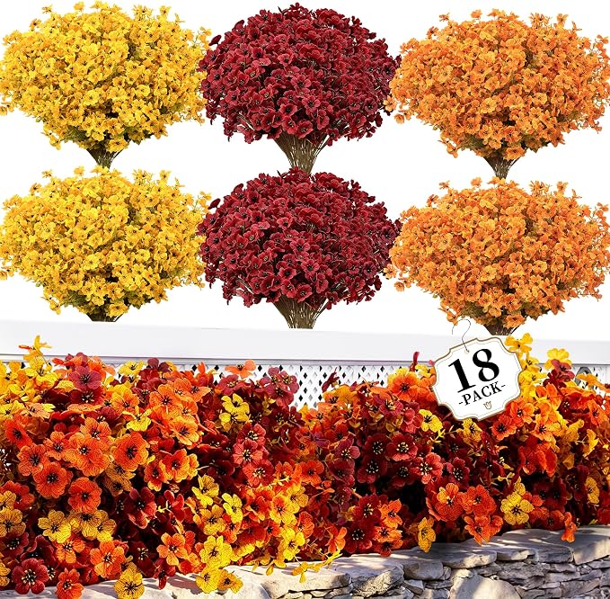 Luxury 18 PCS Artificial Mums for Outdoors Faux Mums of Eucalyptus Leaves