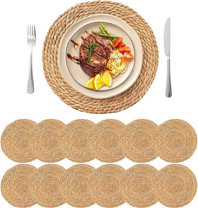 13.8'' Round Woven Placemats Set of 12, Boho Wicker Chargers, Terrekraft